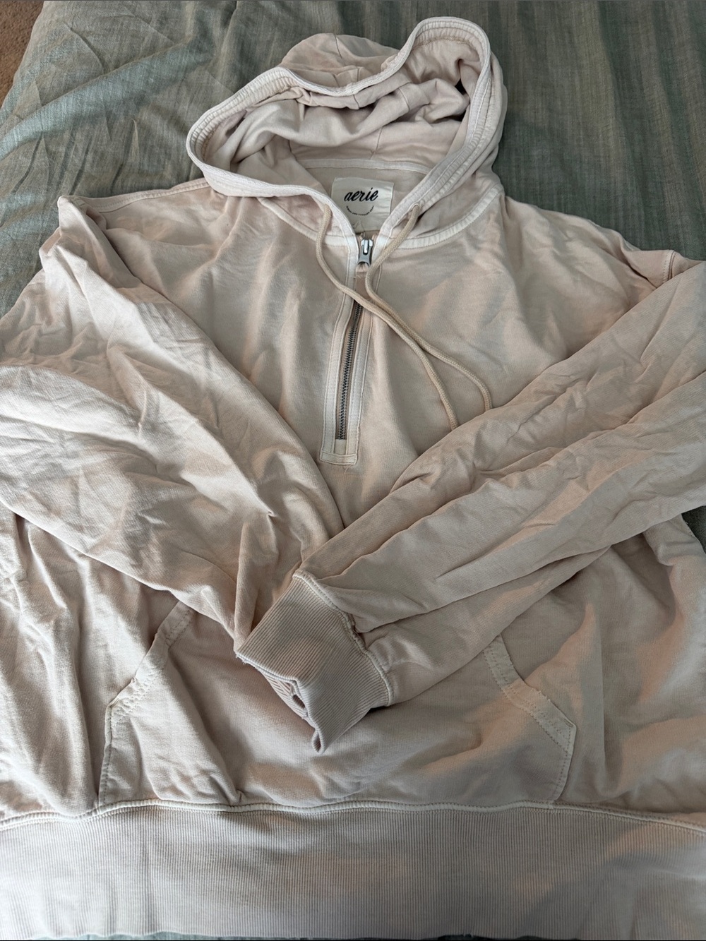 Aerie Oversized Quarter-Zip Hoodie Sweatshirt in Light Beige